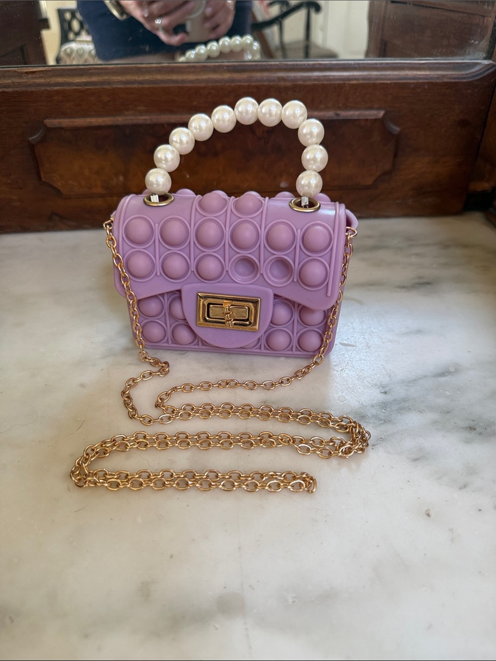 Lavender Pearl-Handle Pop It Crossbody Bag with Gold Strap